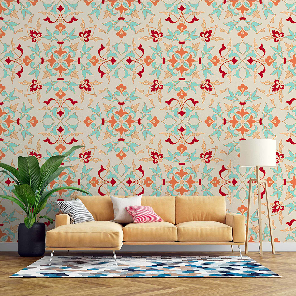Turuncu Osmanlı Motifli Duvar Kağıdı
