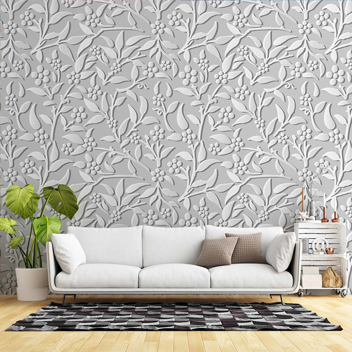 3 Boyutlu Gri Çiçek Desenli Duvar Kağıdı