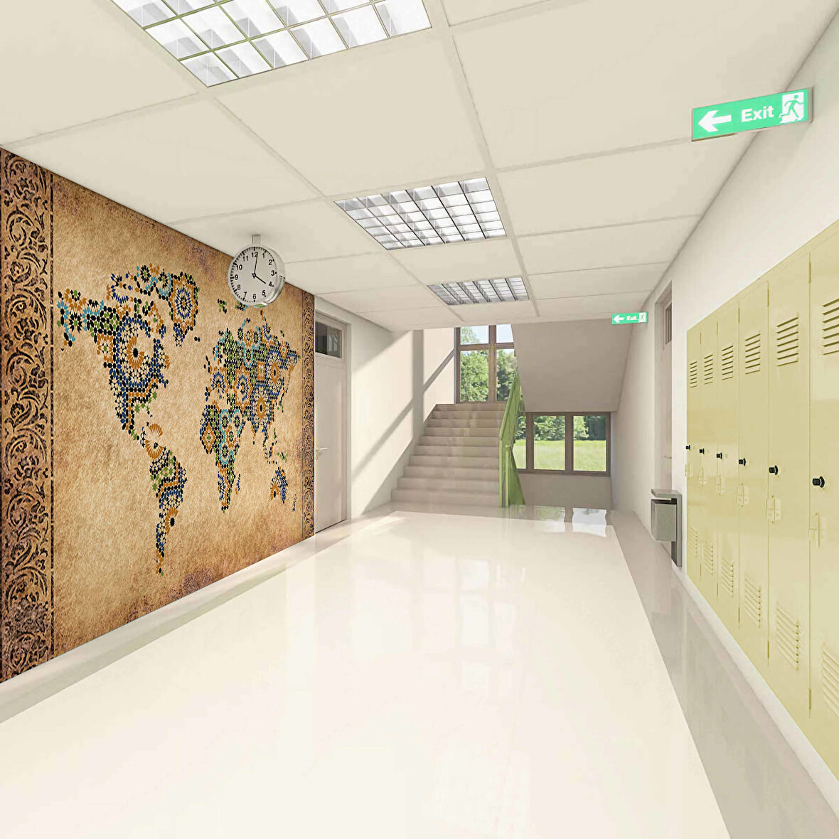 Mozaik Desenli Dünya Haritası Okul Duvar Kağıdı