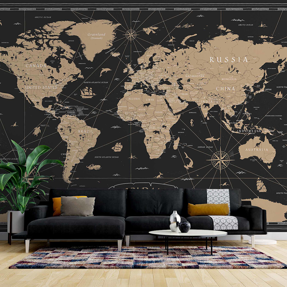 Vintage Siyah Dünya Haritası Duvar Kağıdı