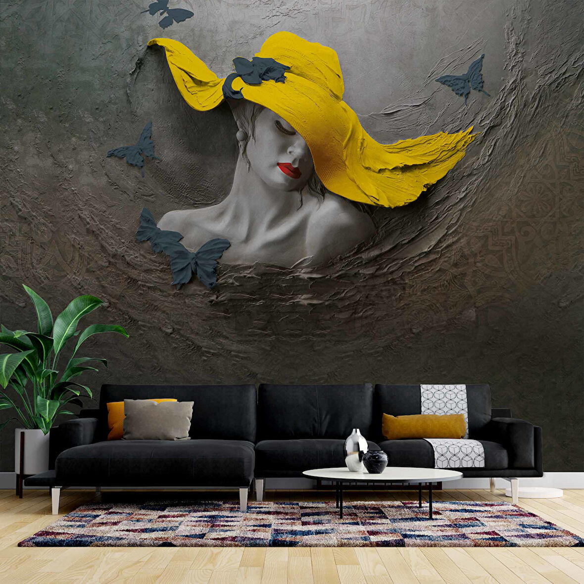 Sarı Şapkalı Kelebek Desenli Kadın Temalı Duvar Kağıdı