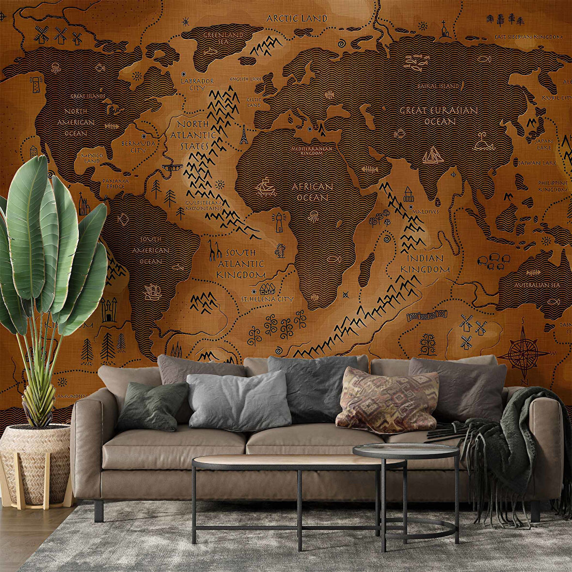 Vintage Ahşap Temalı Dünya Haritası Duvar Kağıdı