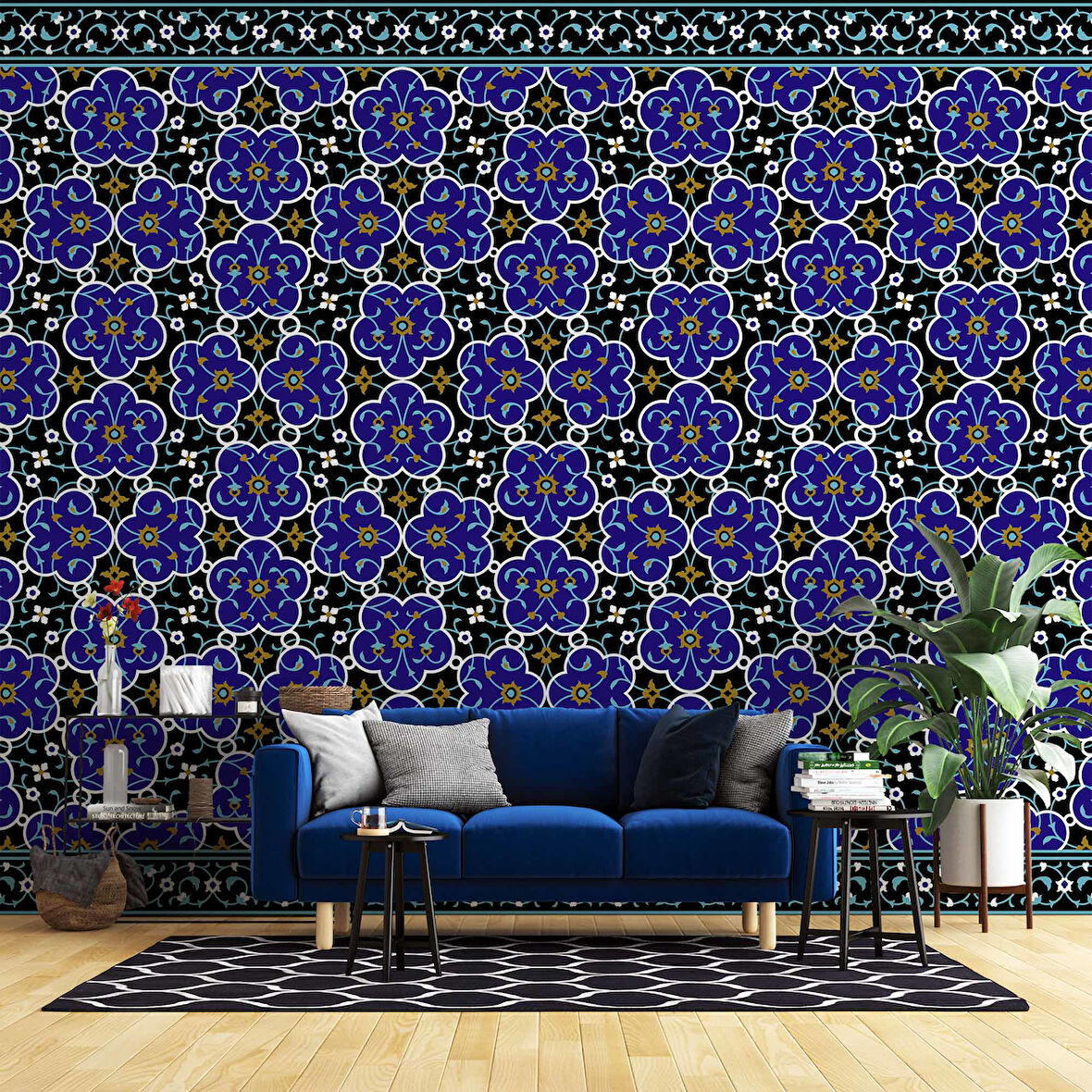 3 Boyutlu Mavi Çiçek Motifli Duvar Kağıdı