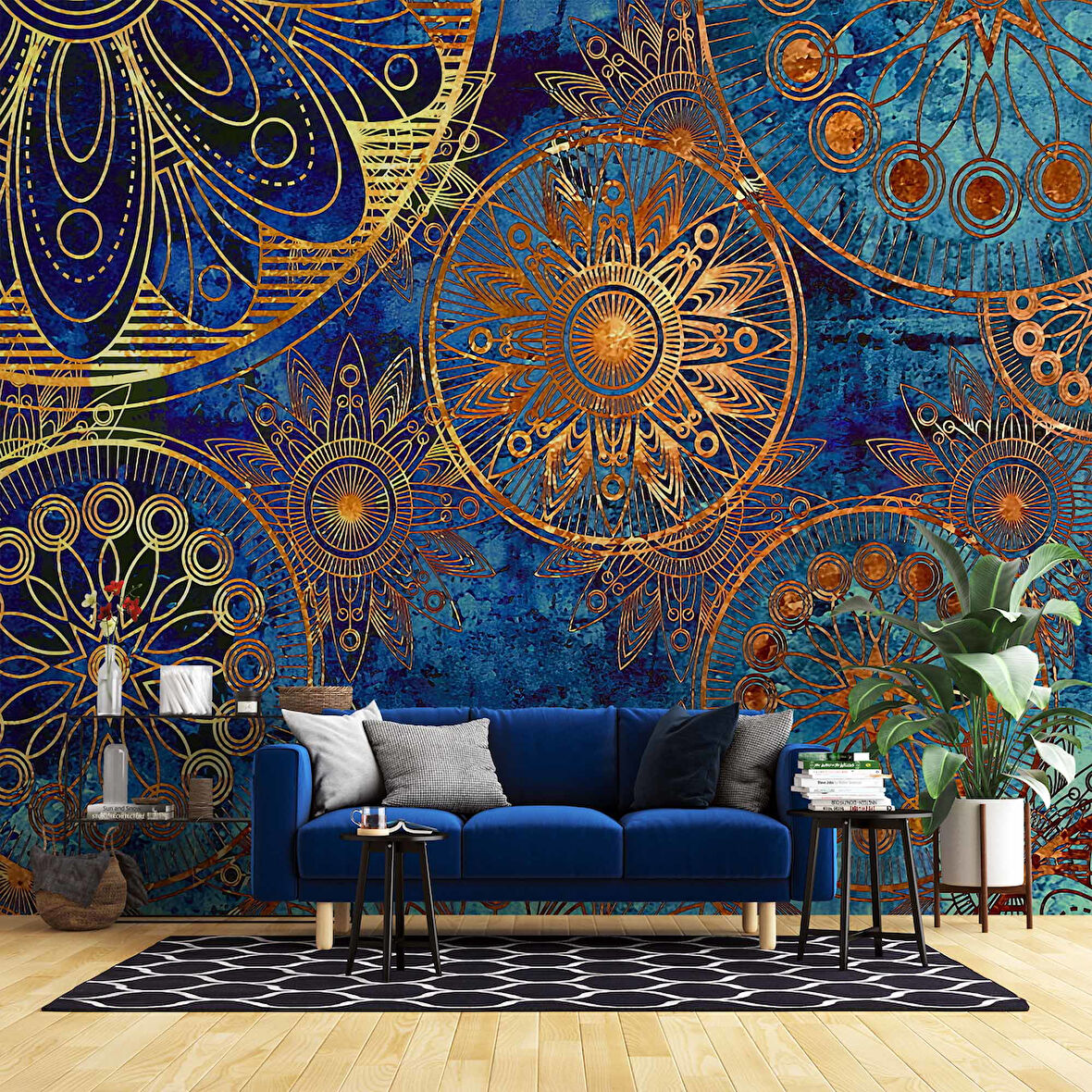 3 Boyutlu Mavi Franktal Desenli Duvar Kağıdı