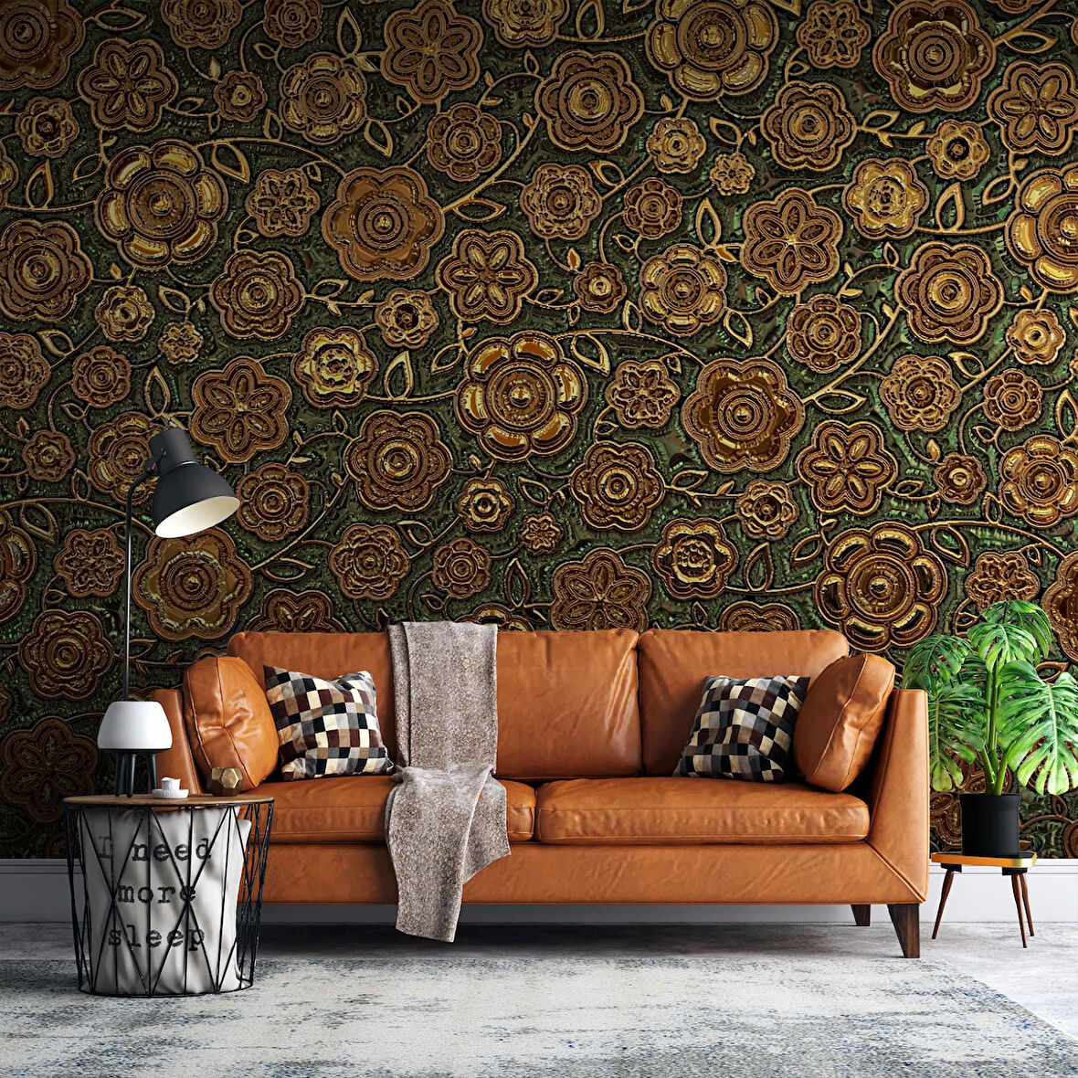 3 Boyutlu Altın Çiçek Desenli Duvar Kağıdı