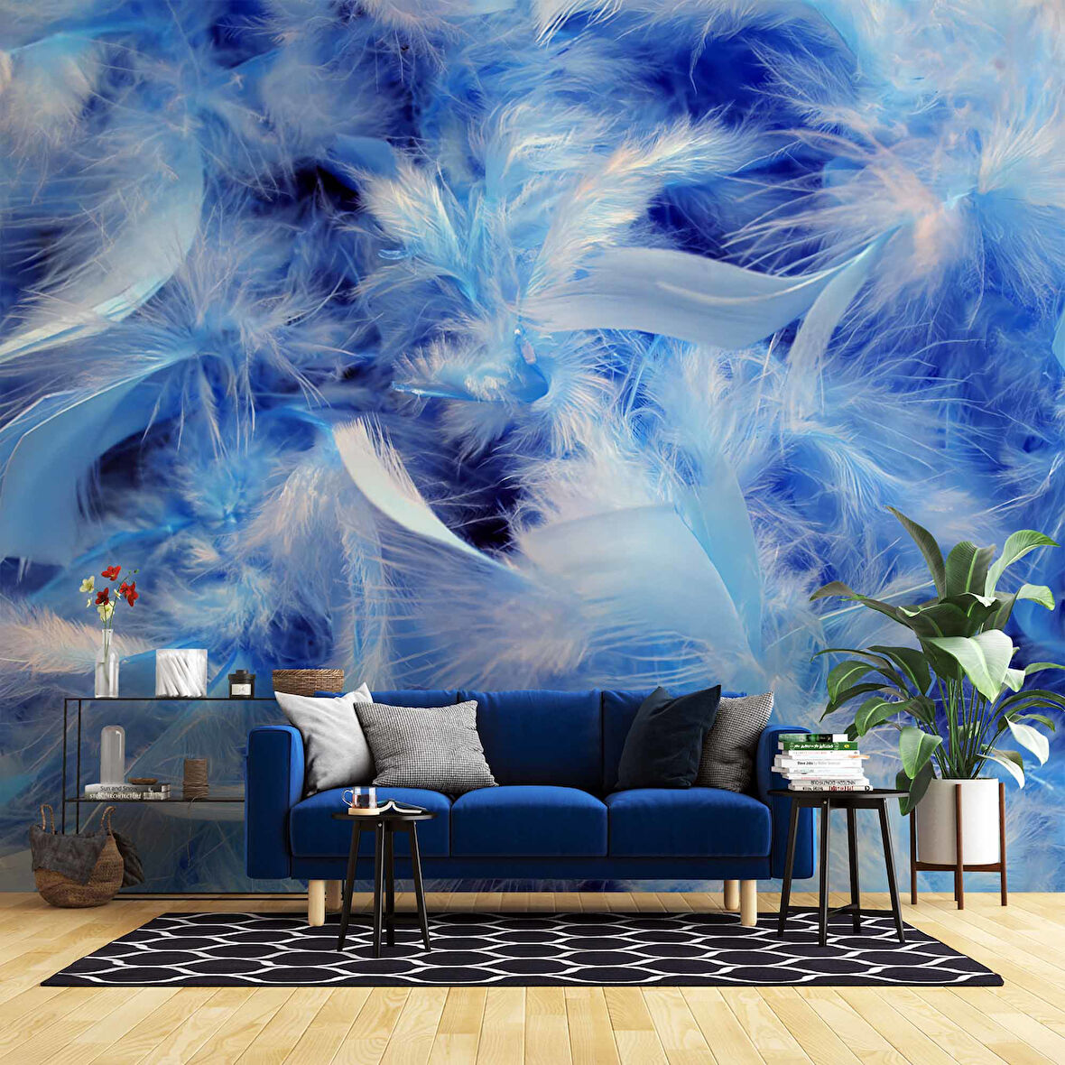 3 Boyutlu Mavi Tüy Desenli Duvar Kağıdı