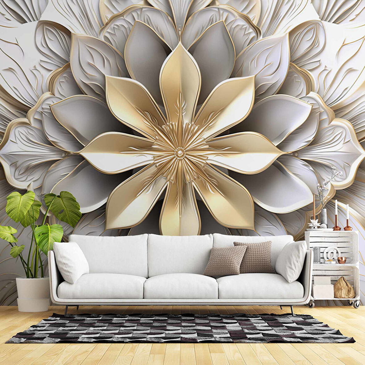 Beyaz 3 Boyutlu Çiçek Desenli Duvar Kağıdı