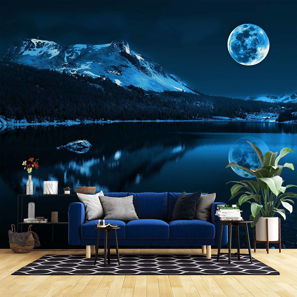 Gece Ay ve Dağ Manzaralı Duvar Kağıdı