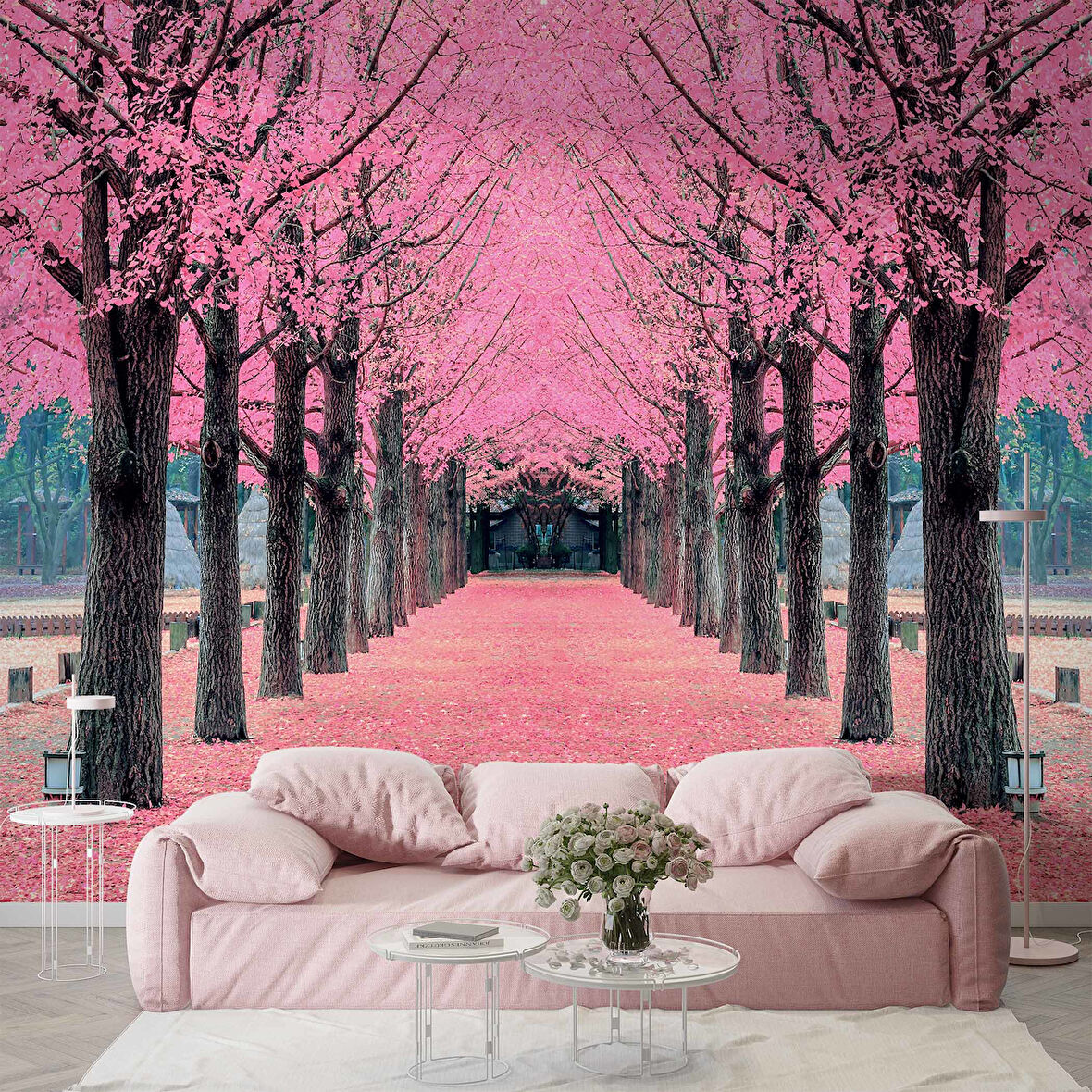 Pembe Ağaç Orman Manzaralı Duvar Kağıdı