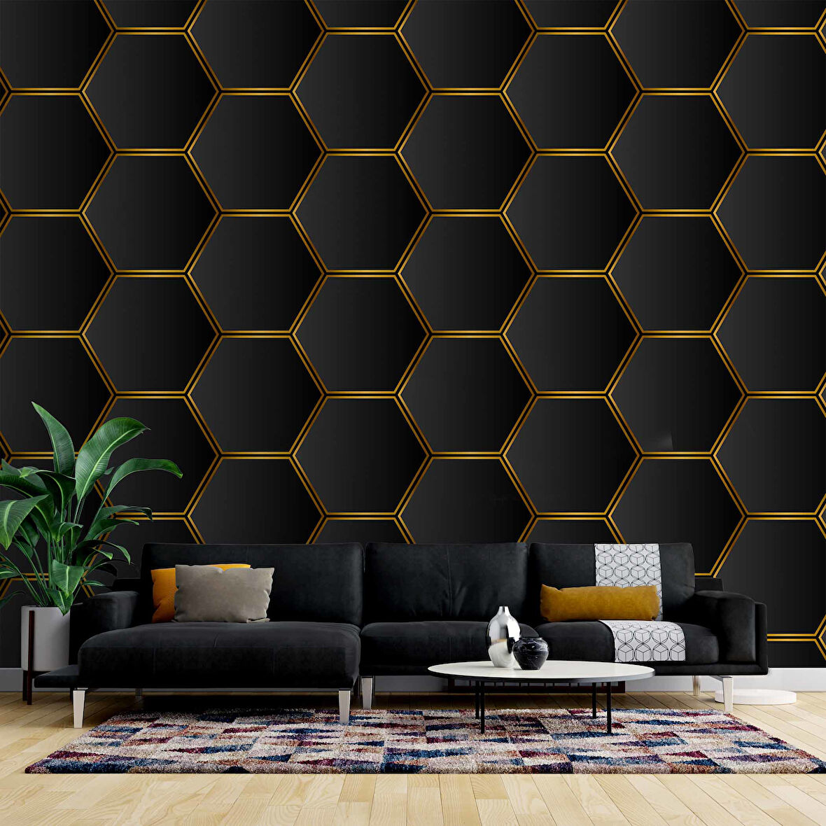 3 Boyutlu Siyah Altıgen Petek Desenli Duvar Kağıdı