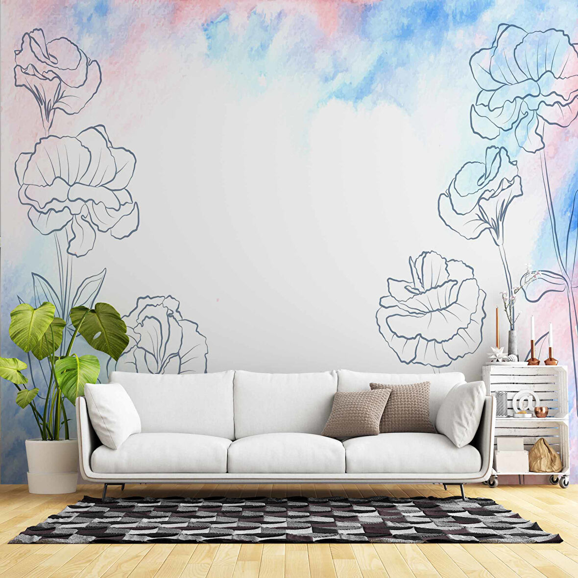 Mavi Pembe Soft Suluboya Çiçek Duvar Kağıdı