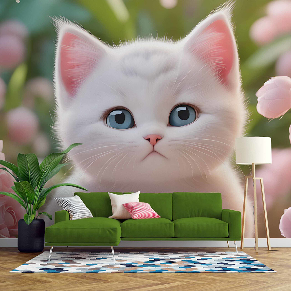 Beyaz Sevimli Kedi Desenli Duvar Kağıdı