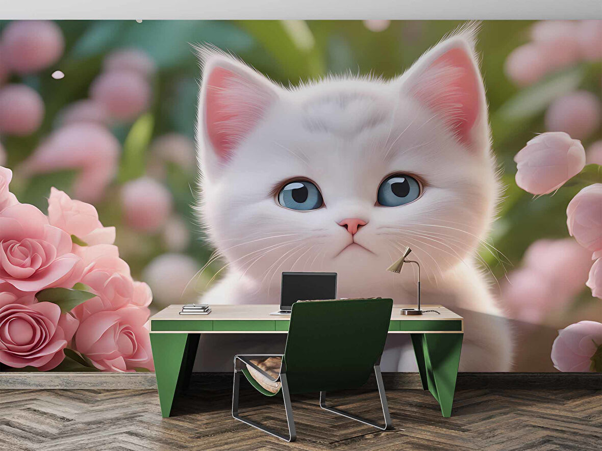 Beyaz Sevimli Kedi Desenli Duvar Kağıdı