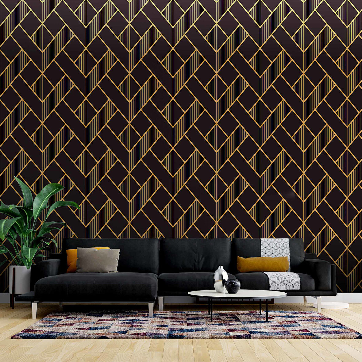 3 Boyutlu Koyu Siyah Geometri Altın Desenli Duvar Kağıdı