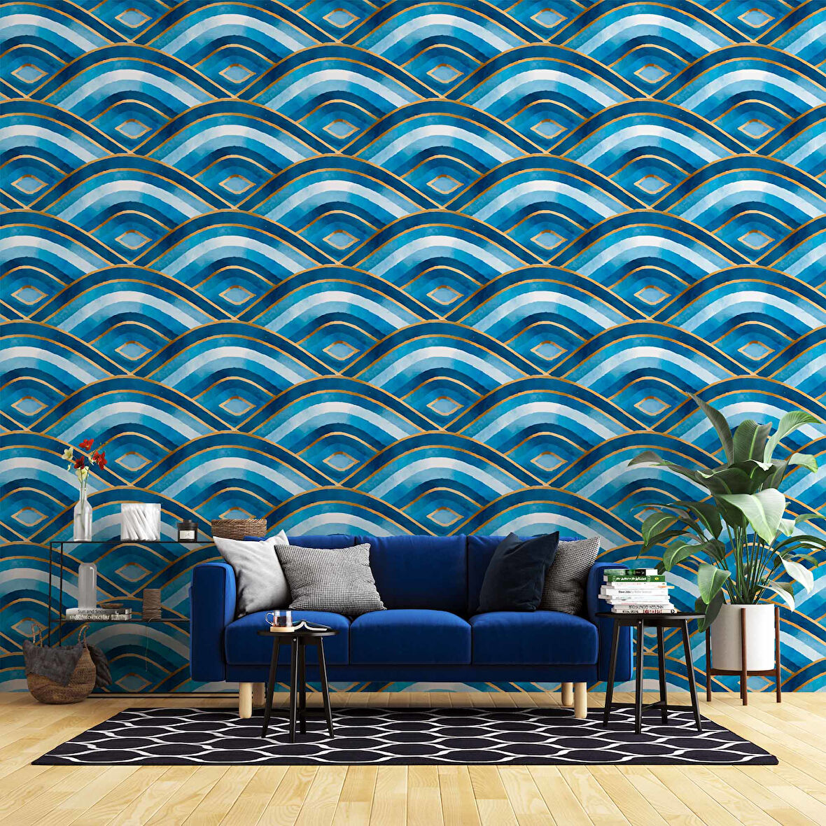 Mavi Dalgalı Suluboya Desenli Duvar Kağıdı