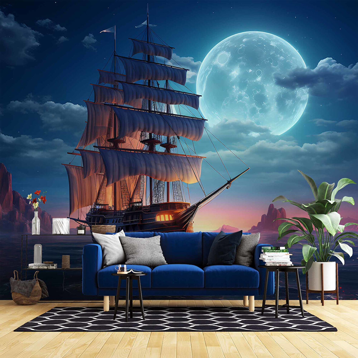 Gece Ay Deniz Korsan Gemisi Manzaralı Duvar Kağıdı