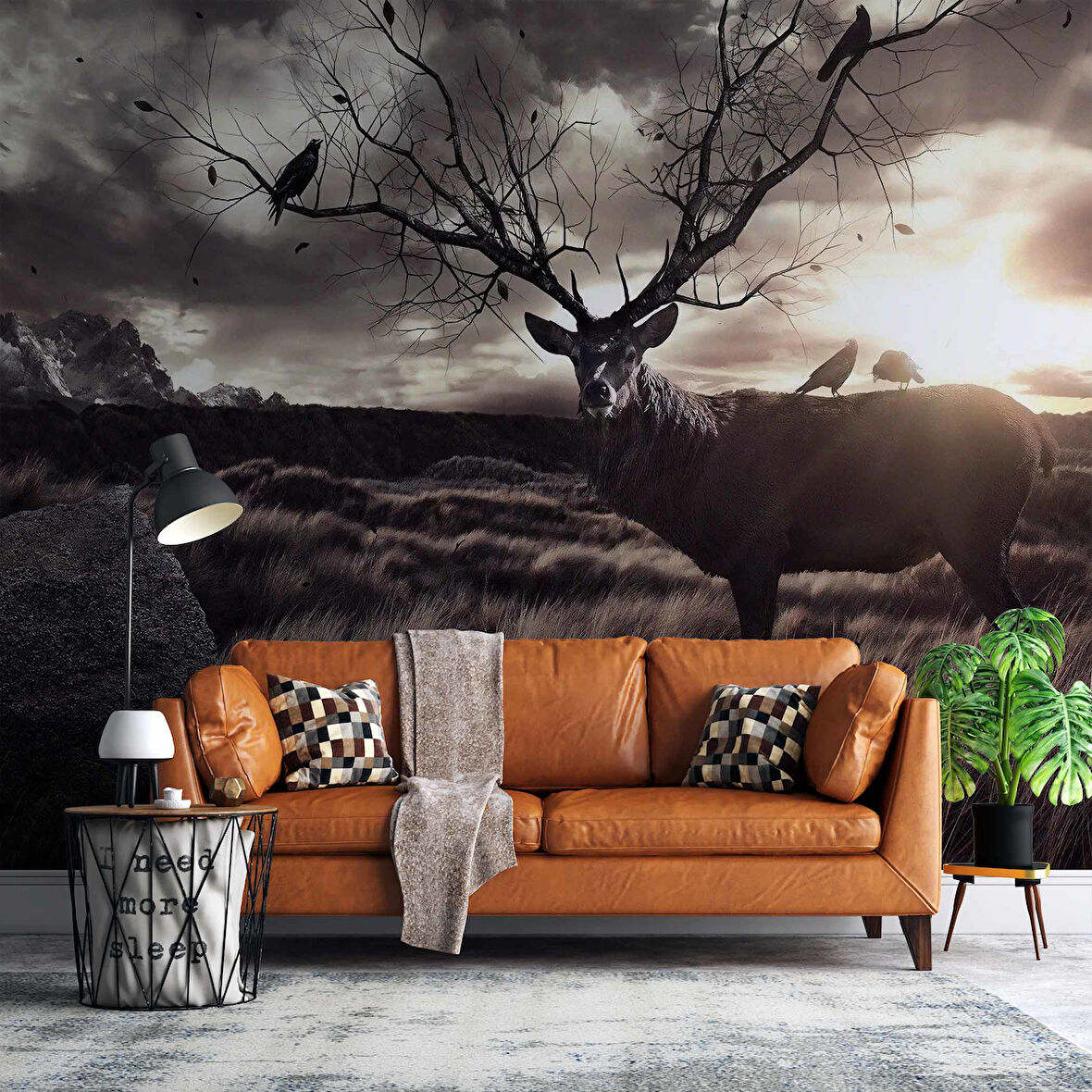 Gün Batımı Geyik ve Kuş Temalı Duvar Kağıdı
