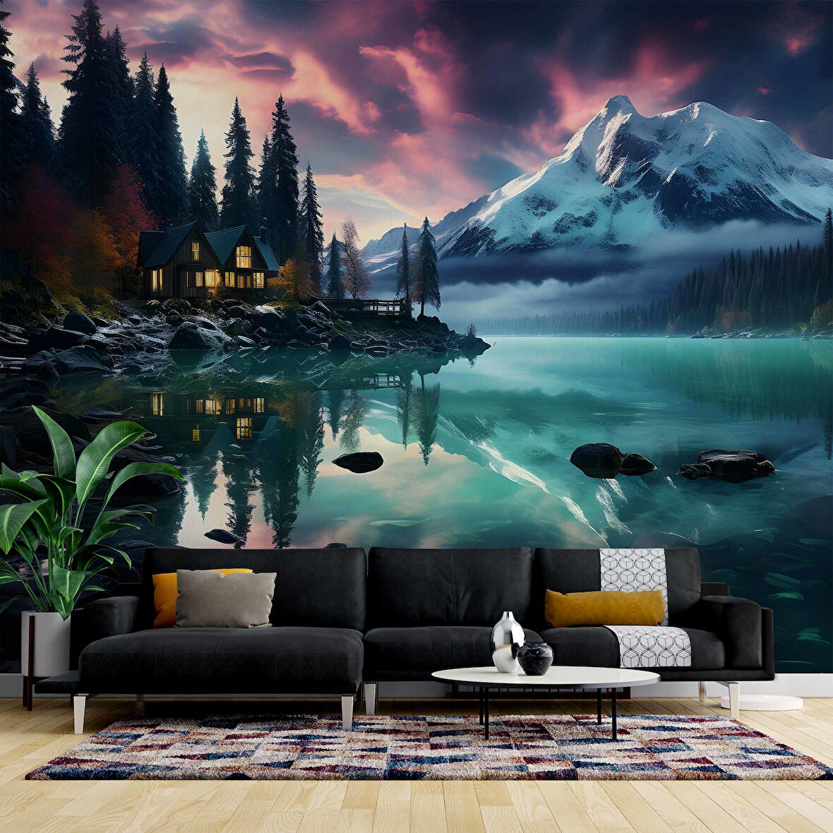 Göl Orman ve Karlı Dağ Manzaralı Duvar Kağıdı