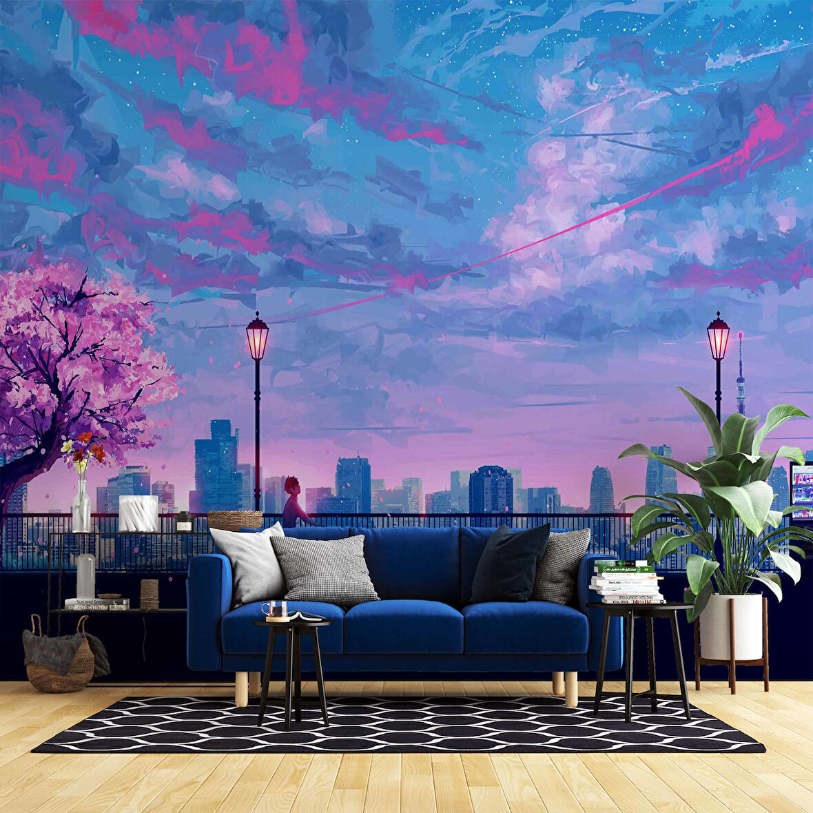 Dinlendirici Pembe Ağaç şehir çizimi Duvar Kağıdı