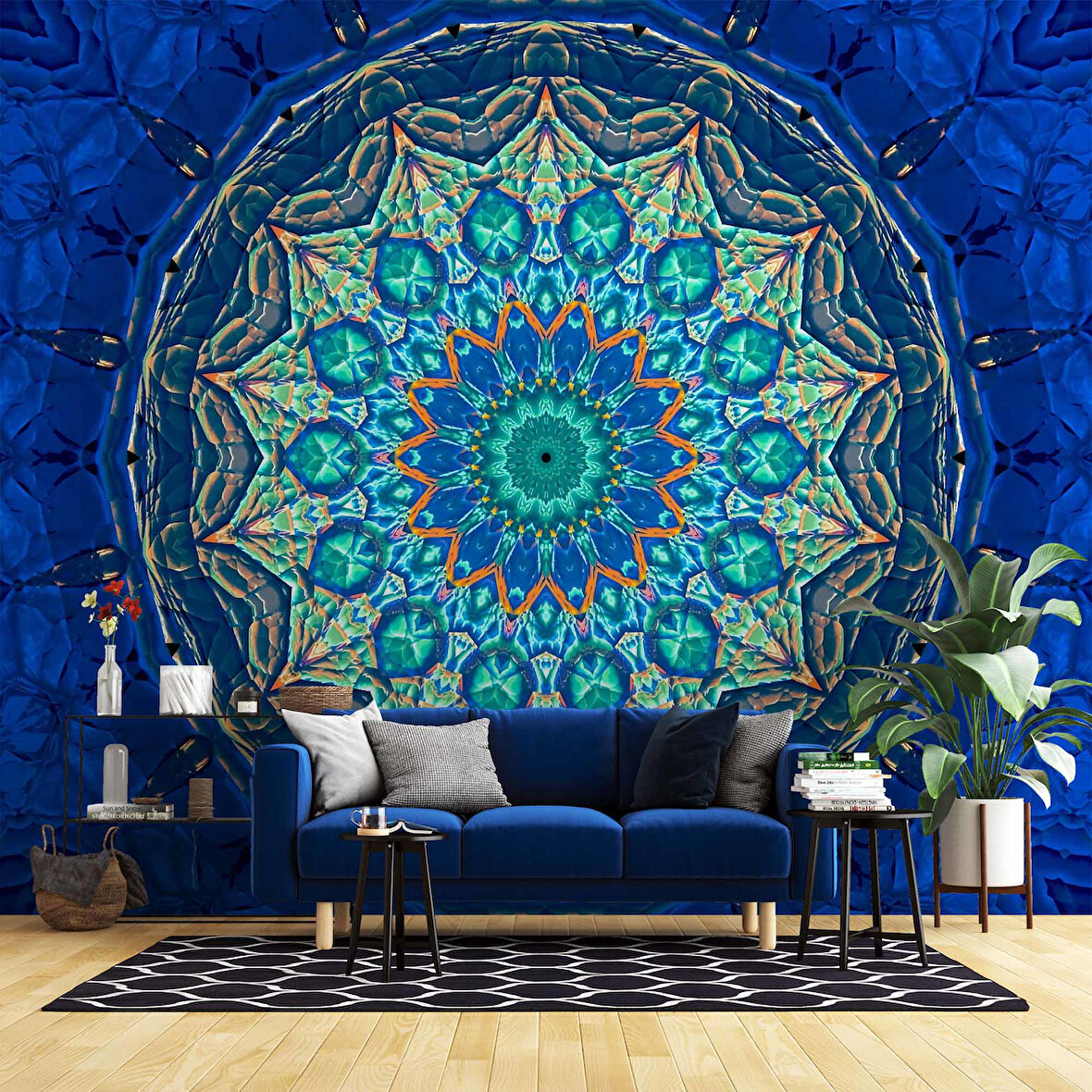 Mavi Franktal Etnik Motif Desenli Duvar Kağıdı