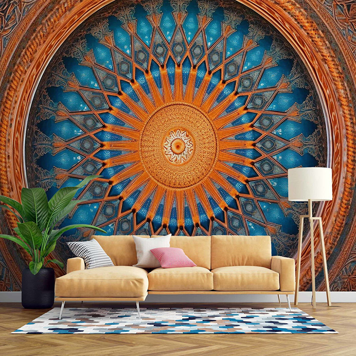 Turuncu Franktal Mandala Etnik Motif Duvar Kağıdı