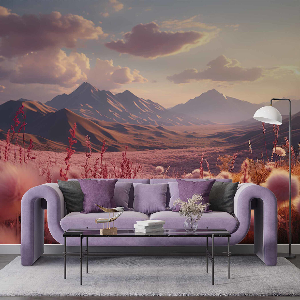 Dağ ve Pembe Çiçek Tarlası Manzaralı Duvar Kağıdı