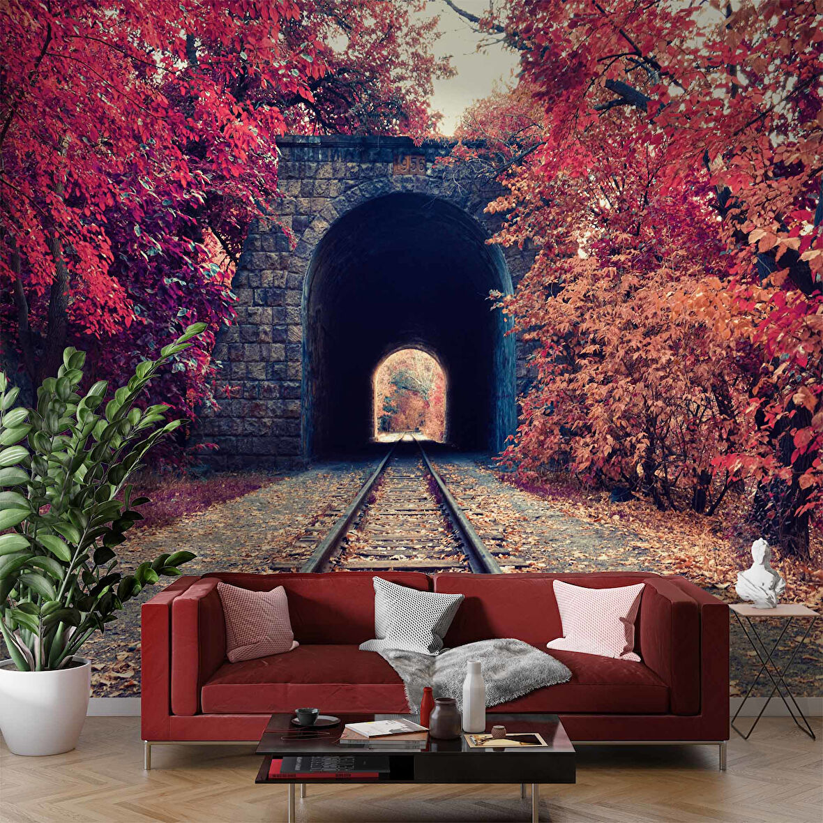 Sonbahar Tren Yolu Tüneli Manzaralı Duvar Kağıdı