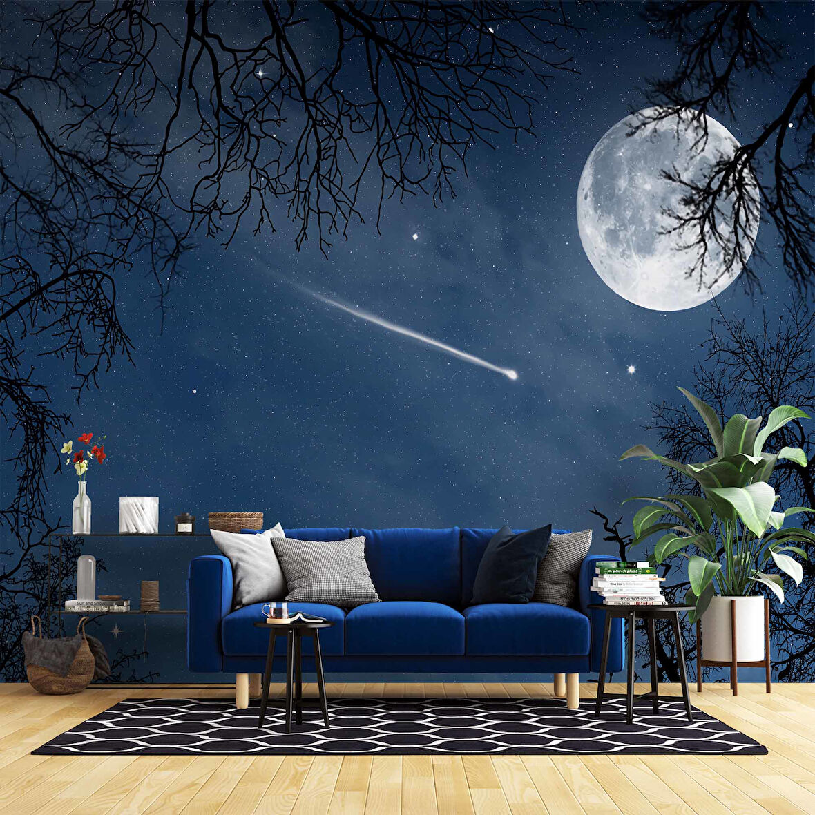 Gece, Ay ve Yıldız Gökyüzü Manzaralı Duvar Kağıdı