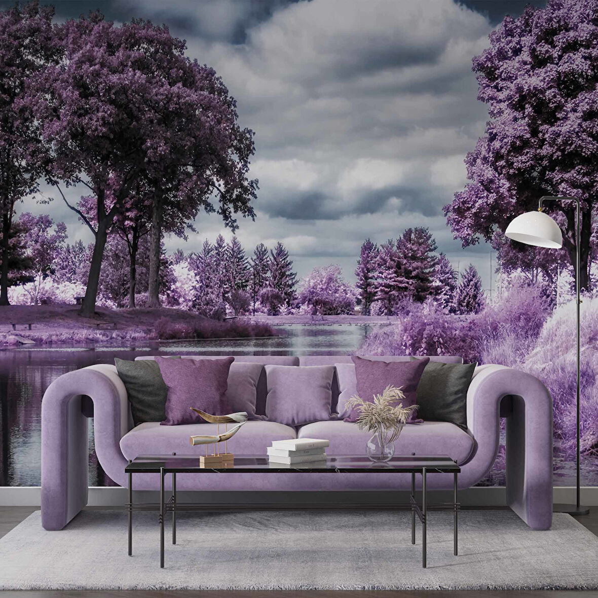 Eflatun Orman ve Göl Manzaralı Duvar Kağıdı