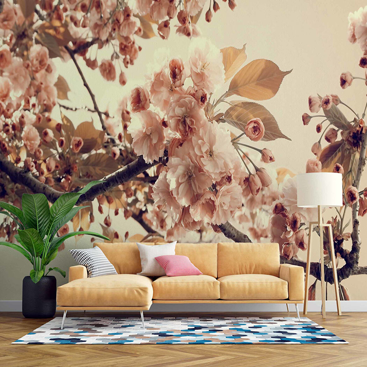 Soft Pembe Çiçek ve Dal Desenli Duvar Kağıdı