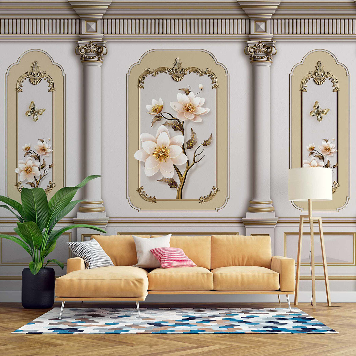 3 Boyutlu Saray Sütun Çiçek Motifli Duvar Kağıdı