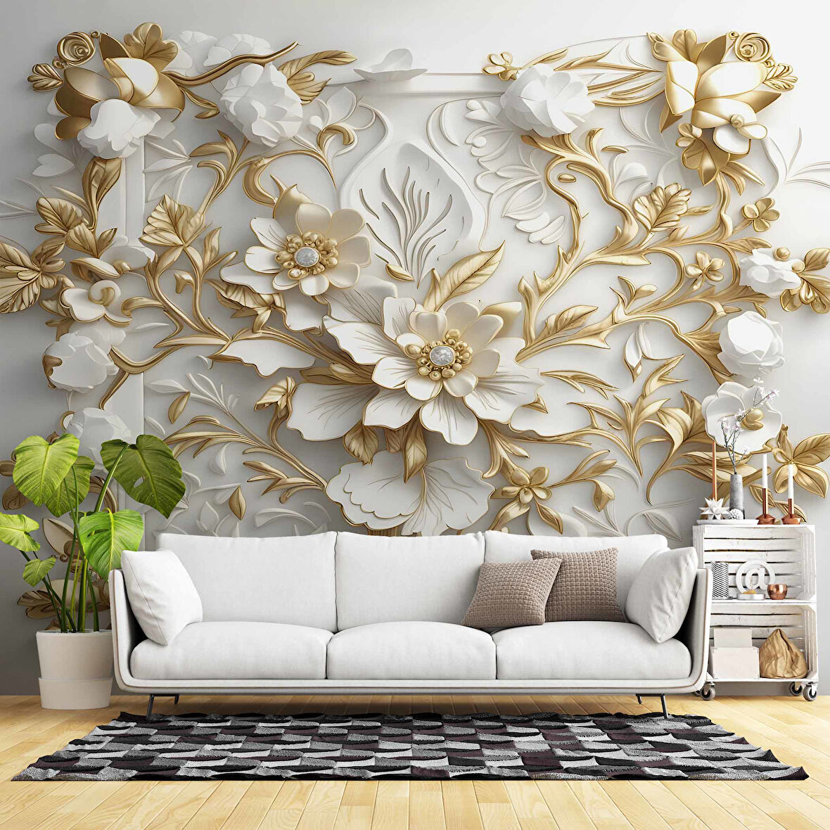 3 Boyutlu Altın Çiçek Duvar Kağıdı