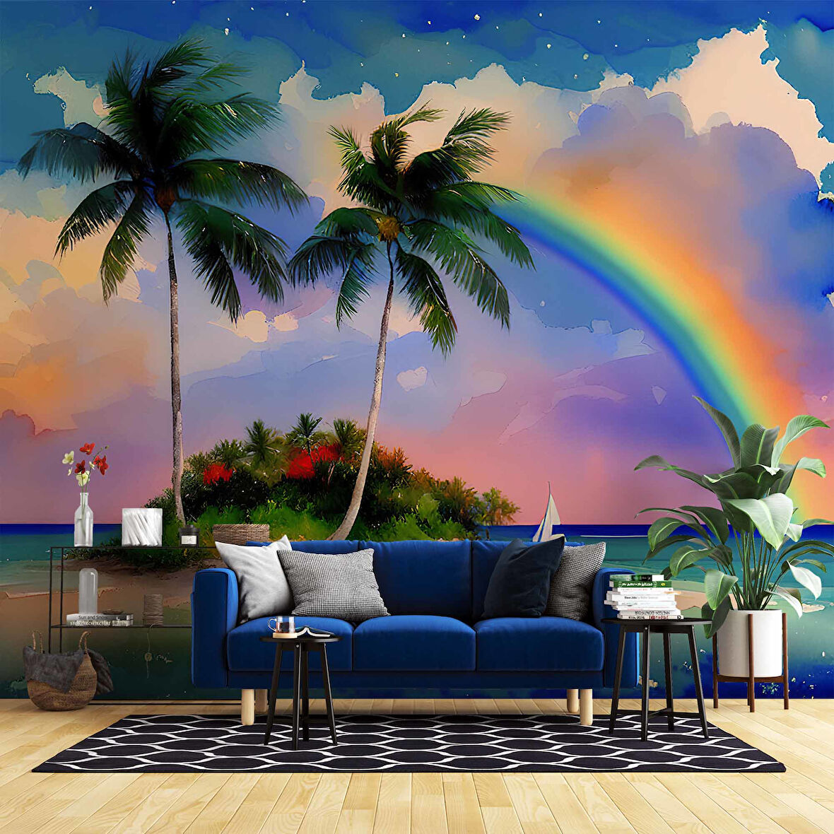 Suluboya Ada ve Gökkuşağı Çizimi Duvar Kağıdı