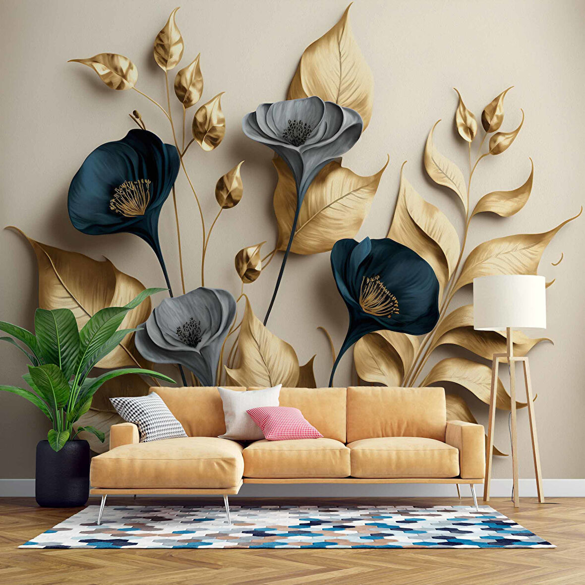 3D Vintage Soft Lacivert Çicek Duvar Kağıdı Baskı