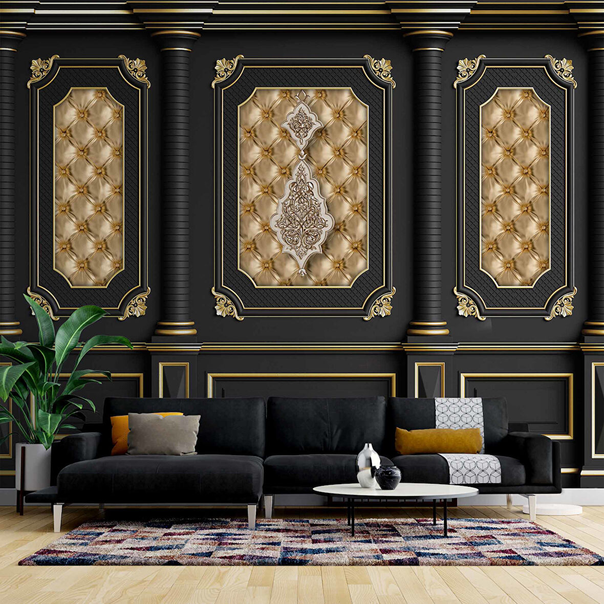 3D Siyah Sütun Altın Panel Duvar Kağıdı Baskı