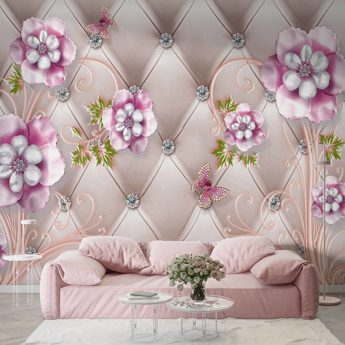 3D Deri Görünümlü Panel ve Pembe Çiçek Duvar Kağıdı Baskı