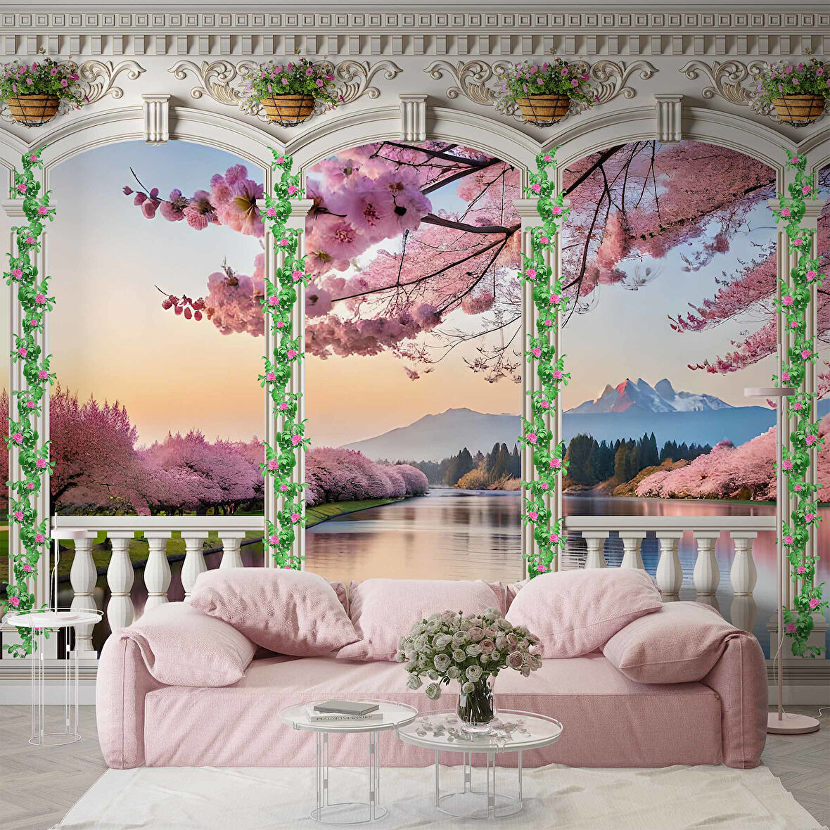 Pembe Ağaç ve Nehir Sutun Duvar Kağıdı Baskı