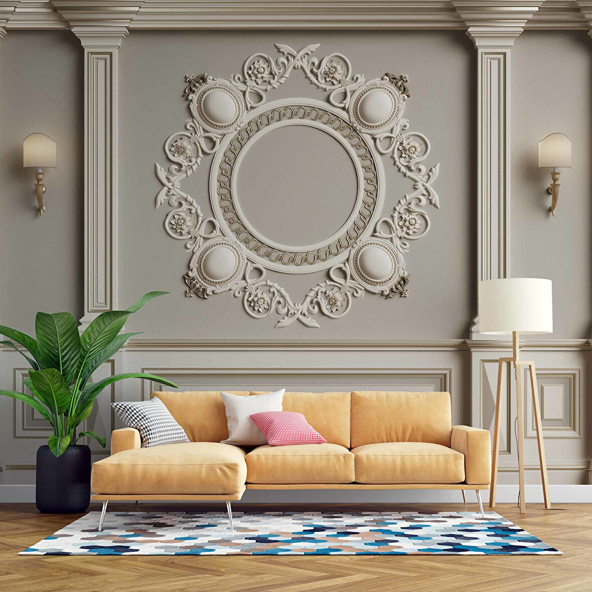 3D Beyaz Sütun Gri Panel Altın Görünümlü Çerçeve Duvar Kağıdı Baskı