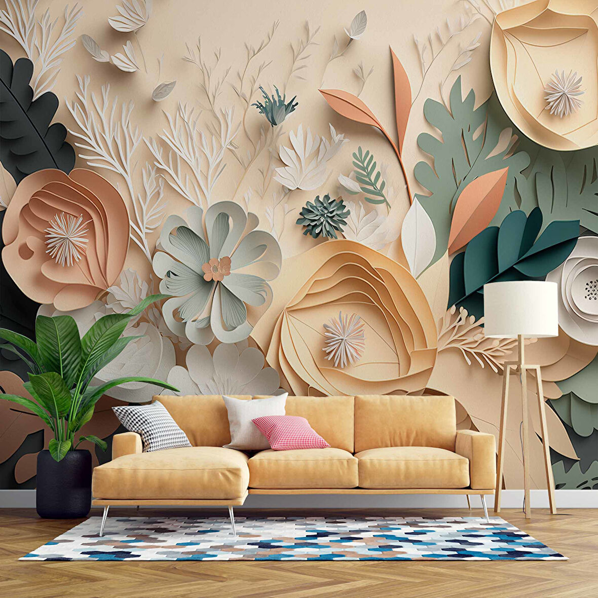 3D Kağıt Turuncu Çiçek Duvar Kağıdı Baskı
