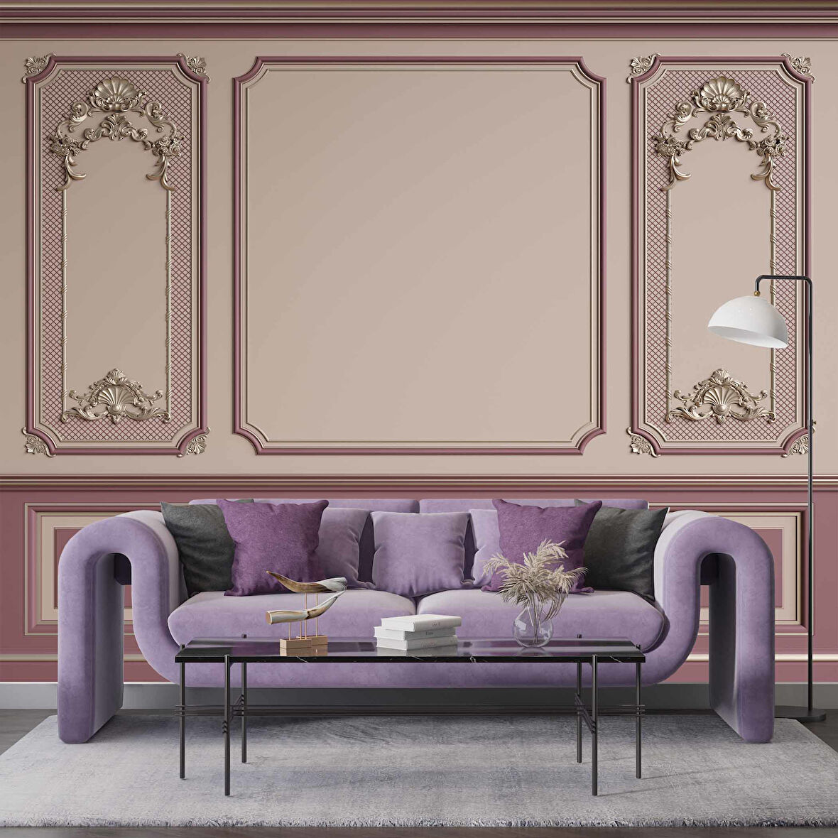 3D Mor Panel Altın Motif Duvar Kağıdı Baskı