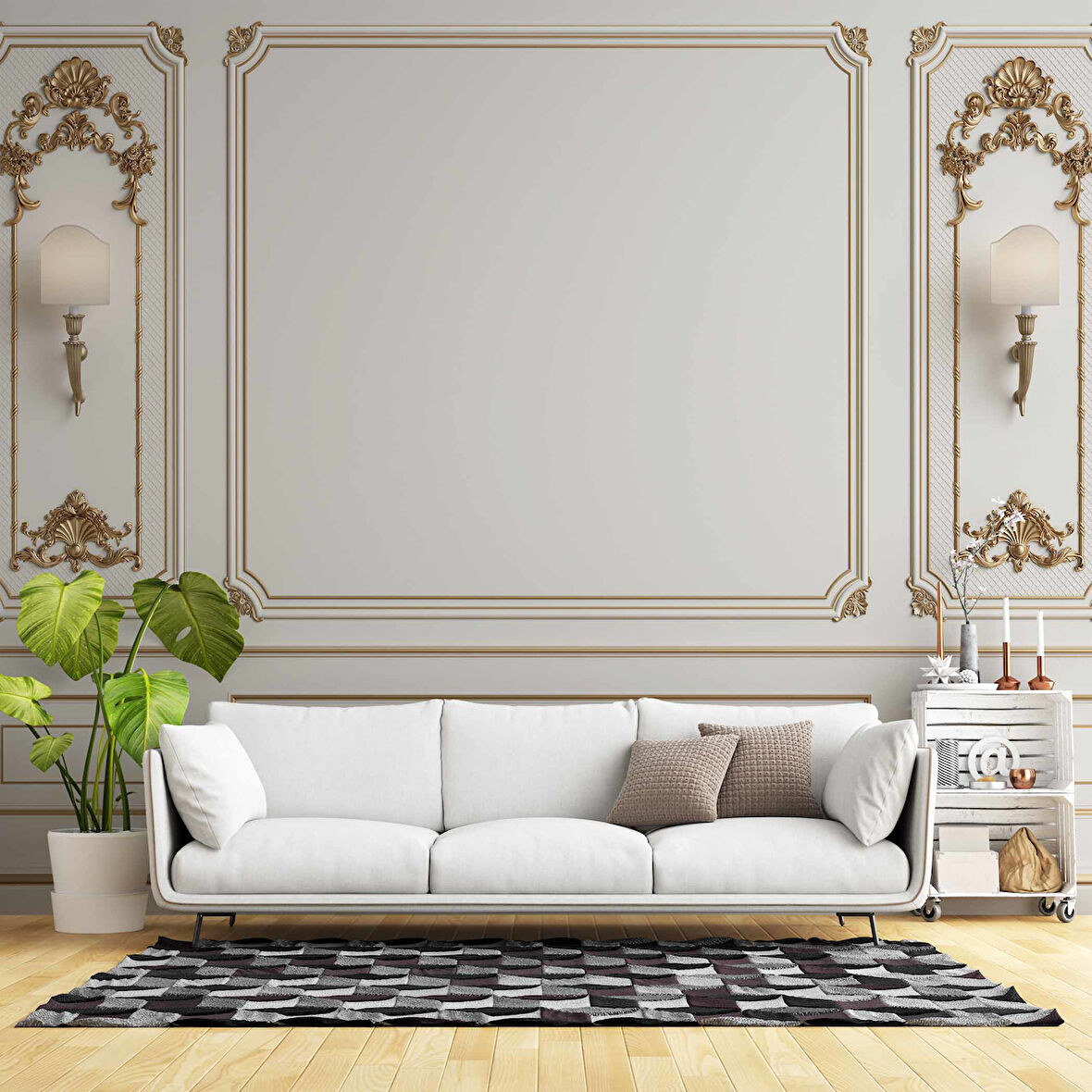 3D Beyaz Sütun Altın Motif Panel Duvar Kağıdı Baskı