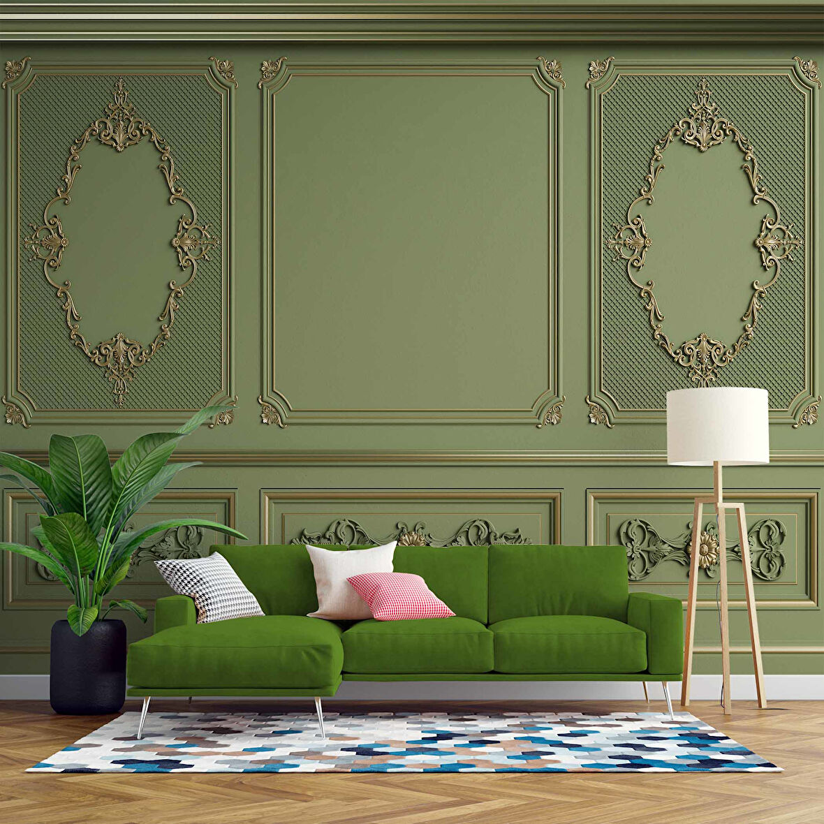 3D Yeşil Panel Altın Motif Duvar Kağıdı Baskı