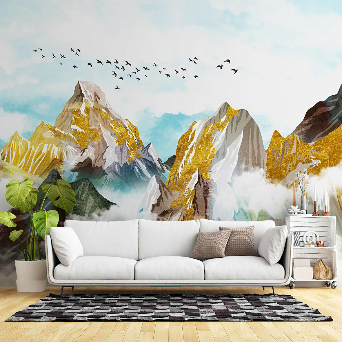 Dağ Gökyüzü ve Kuş Çizimi Duvar Kağıdı Baskı