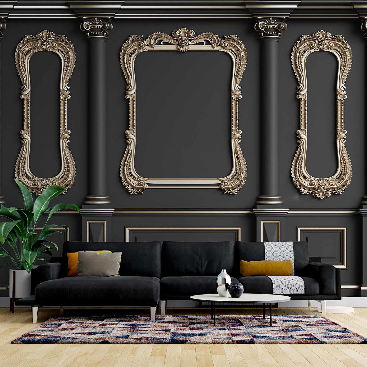 3D Siyah Sütun Altın Çerçeve Motif Duvar Kağıdı Baskı