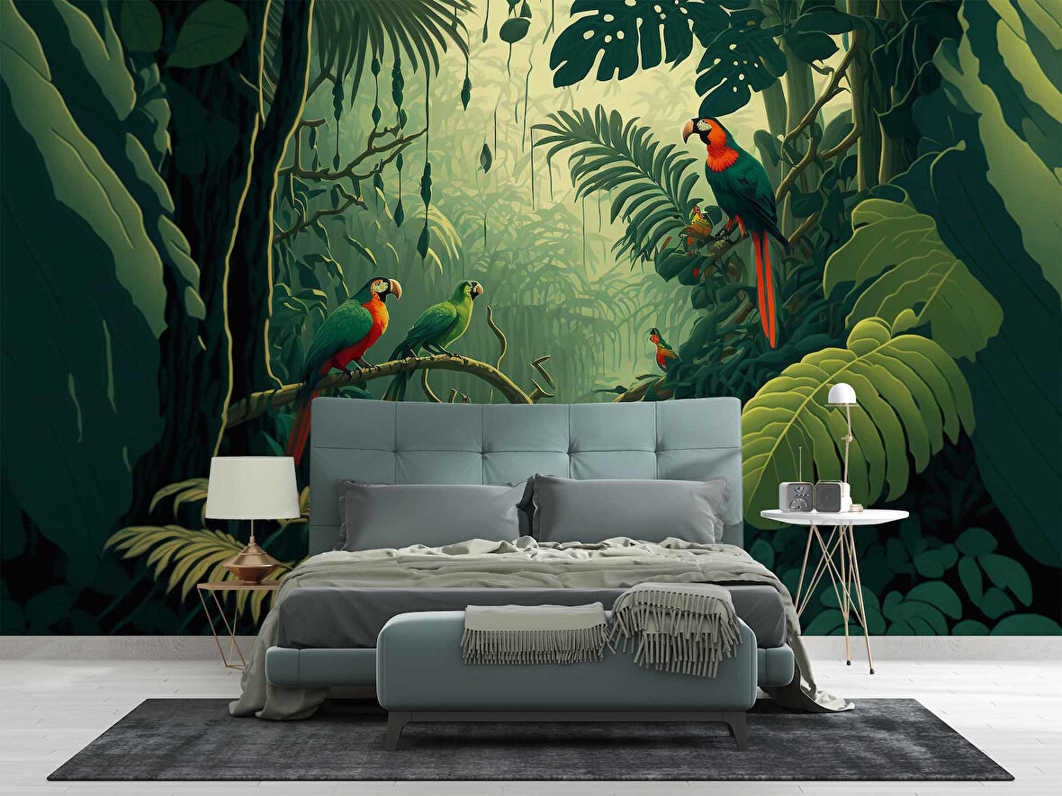 Orman ve Papağan Duvar Kağıdı Baskı