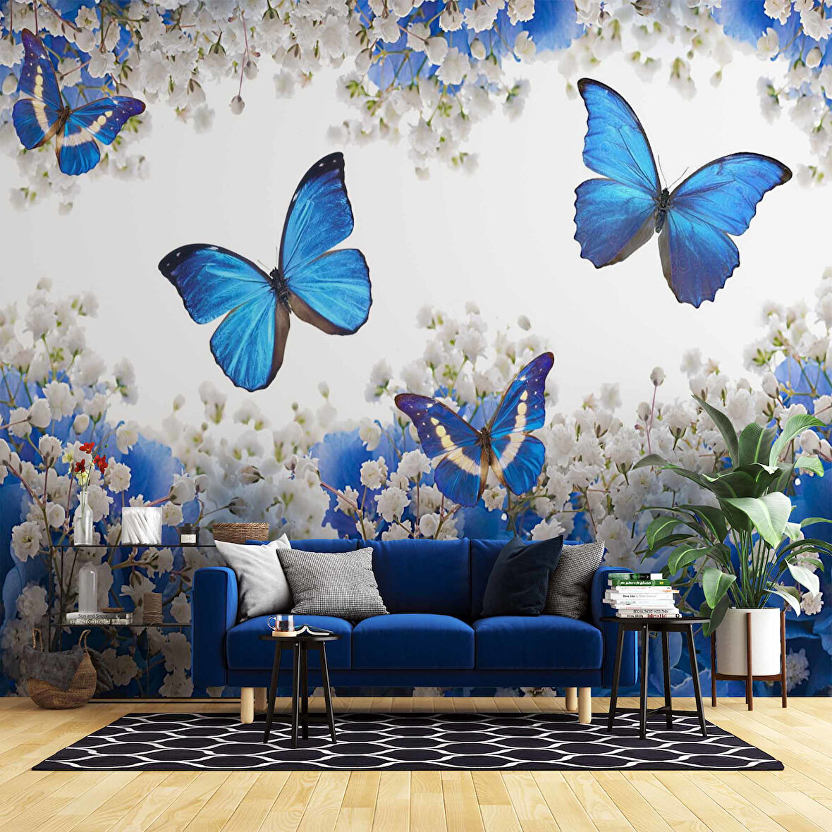 Mavi Beyaz Çiçek ve Kelebek Duvar Kağıdı Baskı