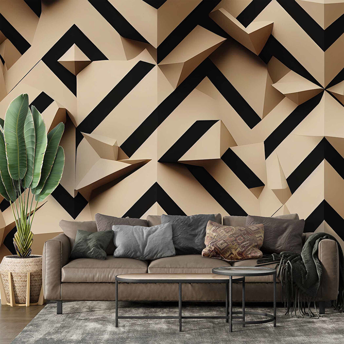 3D Geometri Mozaik Kahverengi Duvar Kağıdı Baskı