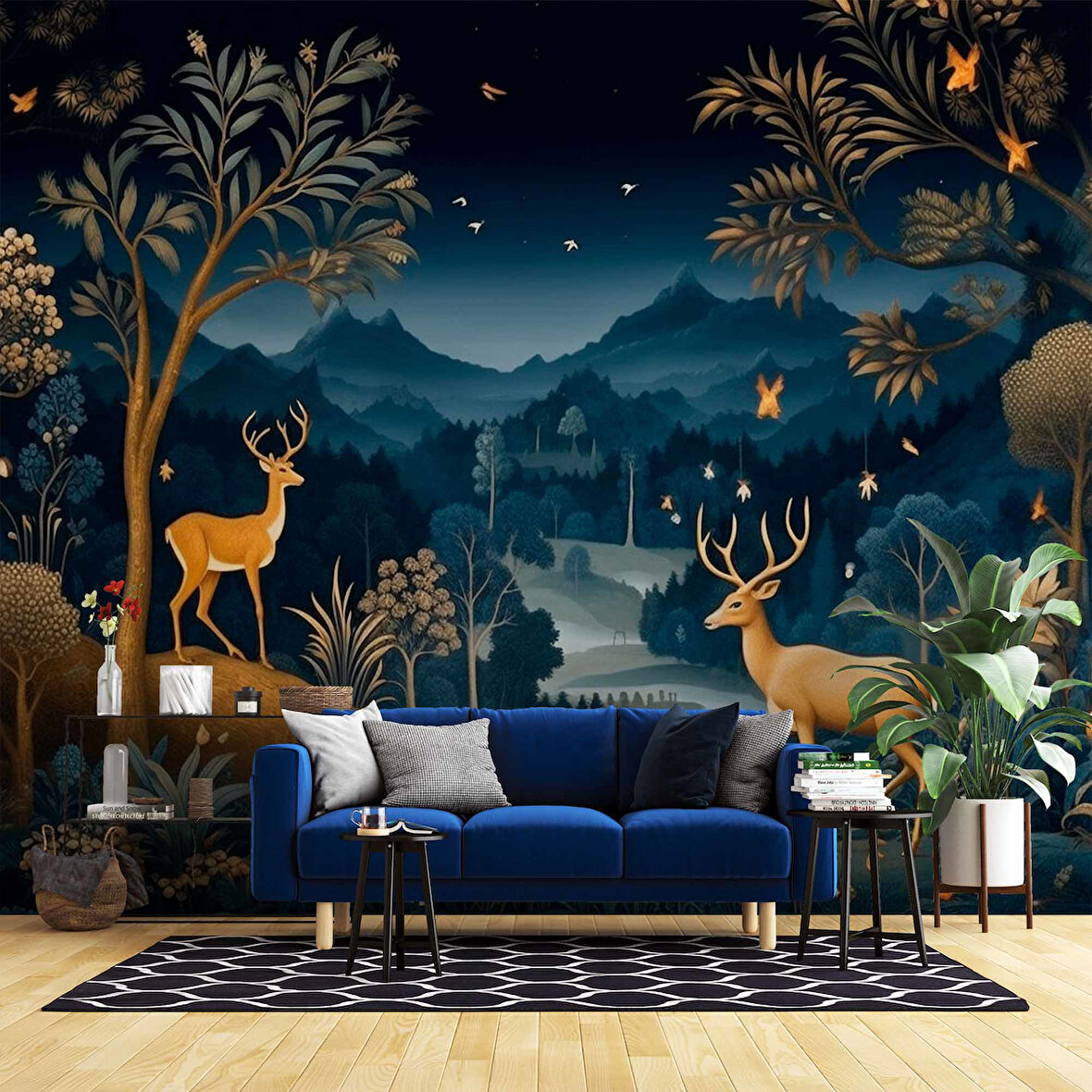 Lacivert Karanlık Orman ve Geyik Manzaralı Duvar Kağıdı Baskı
