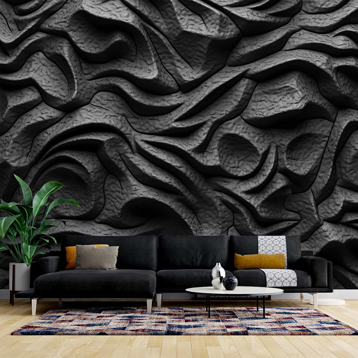 3 Boyutlu Siyah Kabartmalı Duvar Kağıdı Baskı