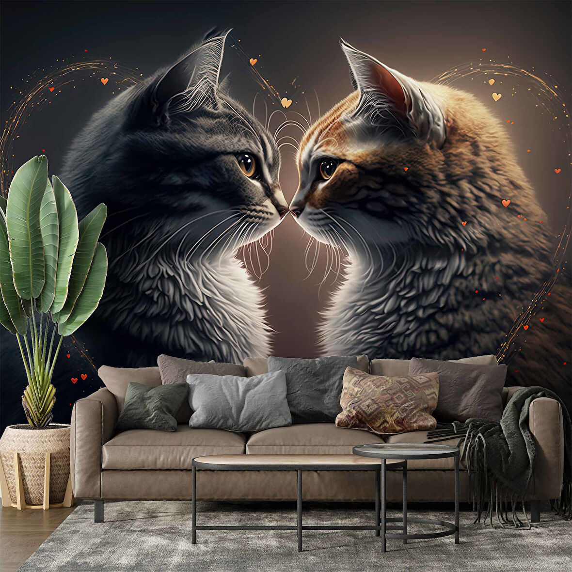 Sevgi Dolu Kedi Temalı Duvar Kağıdı Baskı